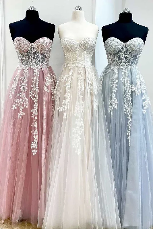 casual evening dressTulle Floral Lace Sweetheart A-Line Prom Gown