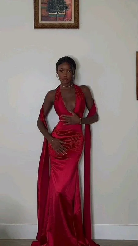 Clearance Event satin midi dressSexy Mermaid Red V neckline Prom Dress