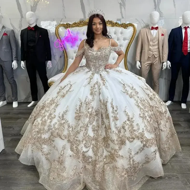 Take Advantage denim dressLuxury Shiny Spaghetti Strap Quinceanera Dress Princess Prom Gown Gold Appliques Lace Beads Tull Sweet 16 Dress Vestidos De 15 A