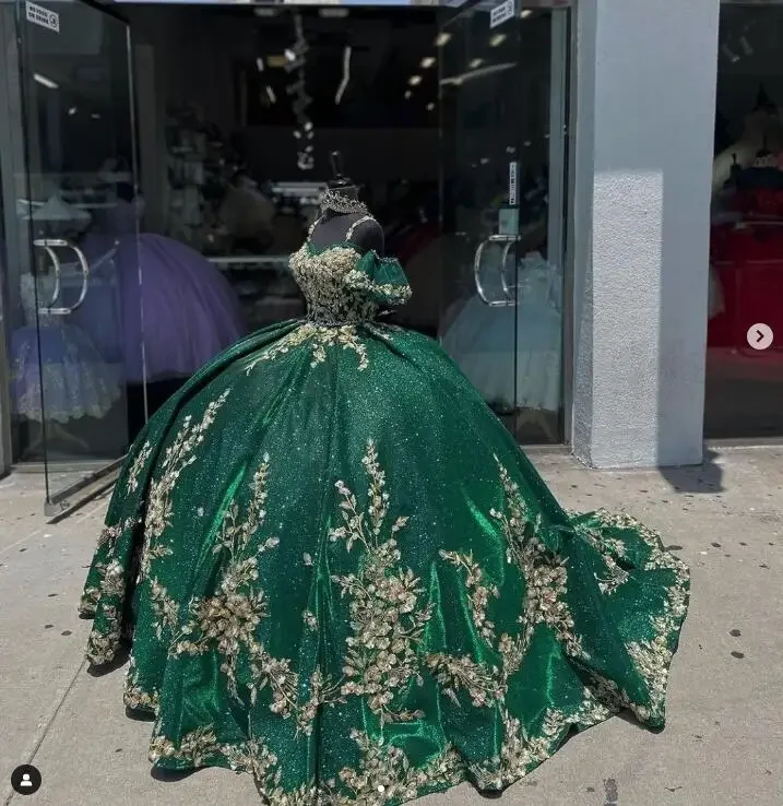 Sale Event wool dressEmerald Hunter Green Ball Gown Quinceanera Dresses Gillter Floral Applique Princess Corset Prom Vestidos de fiesta 15 años