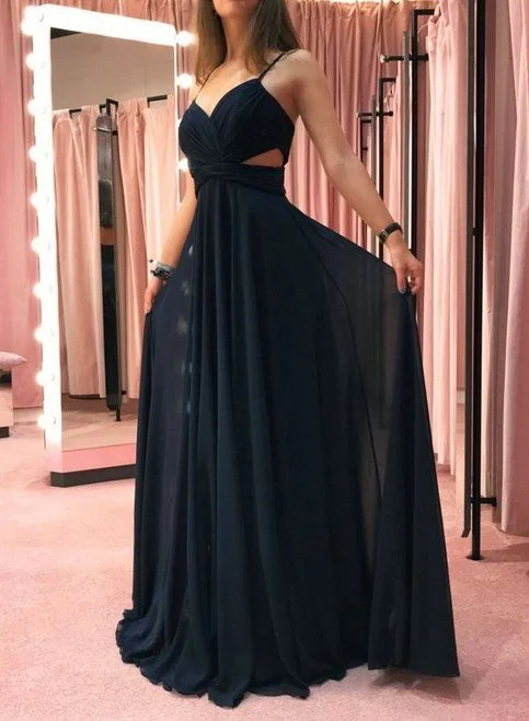 elegant evening dressBlack Spaghetti straps Chiffon Long Prom Dress, Simple Evening Dress  S6167