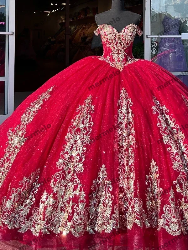 floral dressRed Ball Gown 15 Year Old Quinceanera Dresses Vestidos De Fiesta Birthday With Gold Appliques