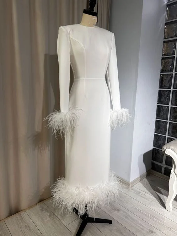 Final Markdown long-sleeve floral dressWhite Sheath Long Sleeves Prom Dress With Hem Feathers Y6879 Final Markdown long-sleeve floral dressWhite Sheath Long Sleeves Prom Dress With Hem Feathers Y6879
