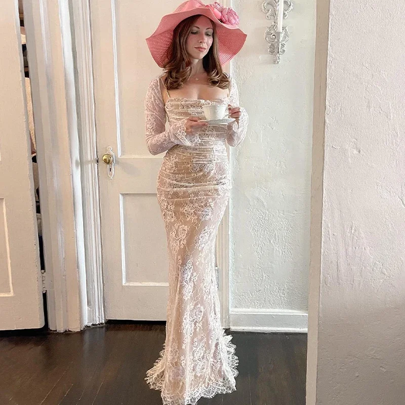 Early Bird Discount bohemian dressElegant Wedding Lace Zipper Slit Spaghetti Dress Long Sleeve Cap Two Piece Set Party Ladies Y2K Early Bird Discount bohemian dressElegant Wedding Lace Zipper Slit Spaghetti Dress Long Sleeve Cap Two Piece Set Party Ladies Y2K