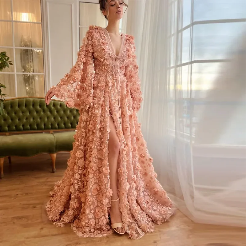 Can't Be Beat chic wrap dressExquisite Pink 3D Flowers Embroidery Lace Prom Dresses V-Neck Side Split A-Line Wedding Party Gowns Evening Dress