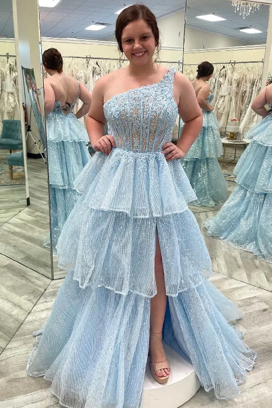 A-line dressOne-Shoulder Light Blue Lace Tiered Long Prom Dress with Slit