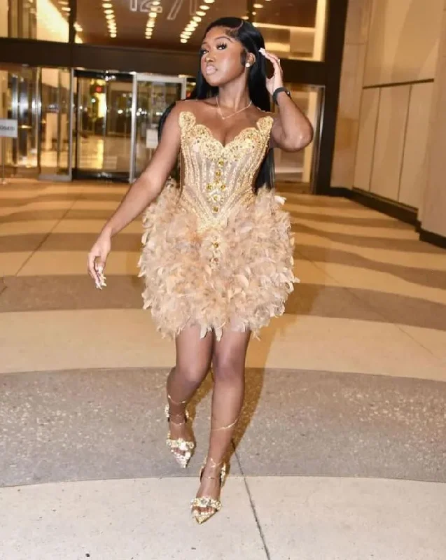 Closeout satin midi dressGold Luxury Short Prom Homecoming Dresses for Black Girl Sparkly Diamond Crystal Feather Birthday Gown vestidos de graduación Closeout satin midi dressGold Luxury Short Prom Homecoming Dresses for Black Girl Sparkly Diamond Crystal Feather Birthday Gown vestidos de graduación