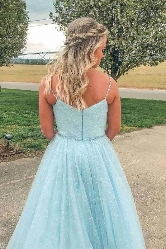 Don’t Miss Out trendy dressGlitter A-Line Pleated Light Blue Prom Dress