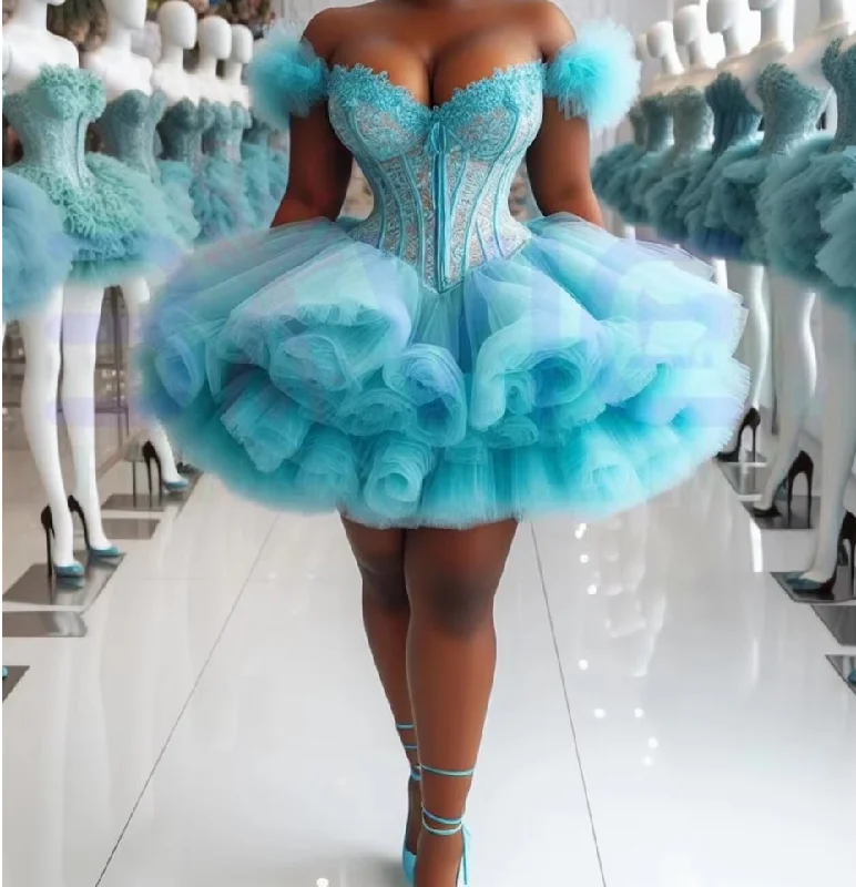 boho-chic dressIce Blue Lace Ball Gown Tulle African Prom Dress 2024 Aso Ebi Black Girl Luxury Cute Wedding Dress Birthday Party Formal Gown