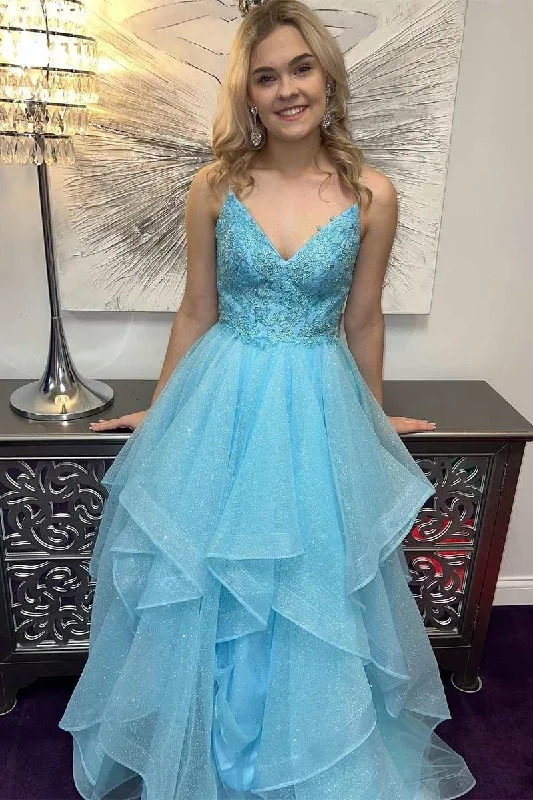 puff sleeve dressBlue V-Neck Multi-Tiered A-Line Prom Gown