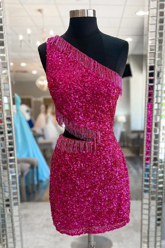 oversized dressFuchsia One Shoulder Sequins Lace-Up Sheath Homecoming Dress with Tassels