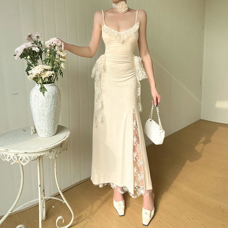 Act Fast v-neck dressStrap Lace Patchwork Slit Dress Women