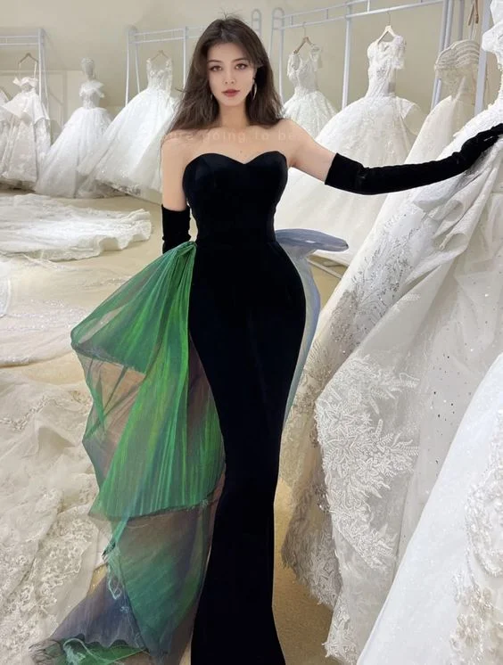 shift dressSexy Mermaid Long Black Velvet Prom Dresses With Sleeves Long Prom Gown Y7286