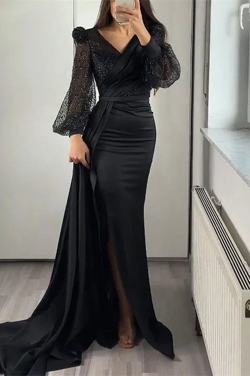 Midnight Sale trendy bodycon dressSequins V-Neck Long Sleeves Mermaid Split Evening Dress With Ruffle Y5554