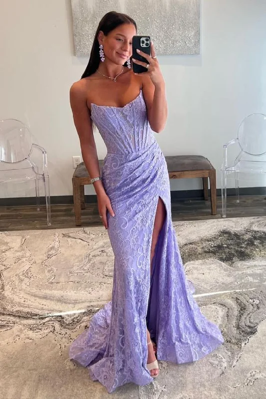 One-DAY Sale structured dressLavender Strapless Lace Ruched Mermaid Prom Dress with Slit Y6709 One-DAY Sale structured dressLavender Strapless Lace Ruched Mermaid Prom Dress with Slit Y6709