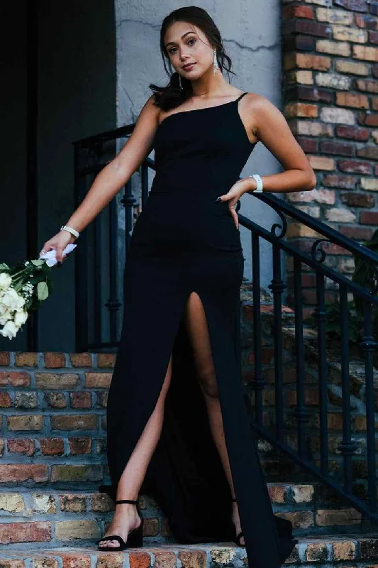 trendy mini dressOne Shoulder Black Flattering Long Prom Dress with Slit