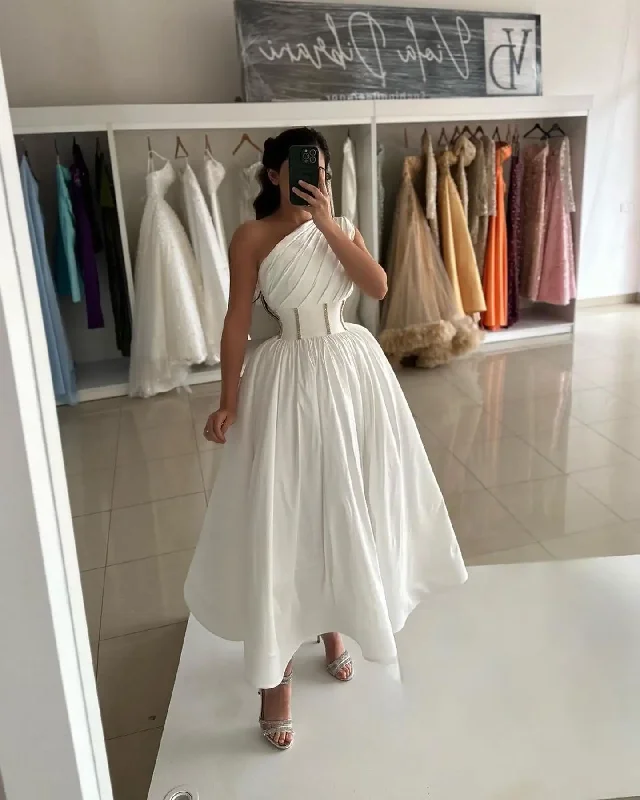 Stock Clearance chic wrap dressElegant One-Shoulder Evening Dress with Sequines A-Line Ruched Tea Length Satin Prom Dress High Quality