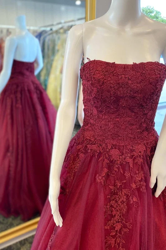 summer floral dressWine Red Floral Lace Strapless A-Line Prom Dress