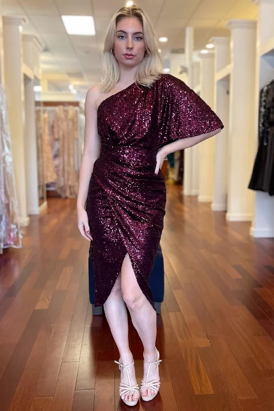 minimalistic dressHigh-Low Burgundy Sequins One-Sleeve Cocktail Dress