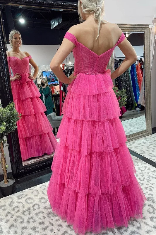 high-waisted dressHot Pink Pleated Off the Shoulder Tiered Long Formal Dress