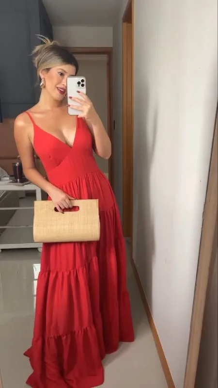 Weekend Flash Sale satin dressCharming Red A-line V Neck Long Evening Dress Y5925