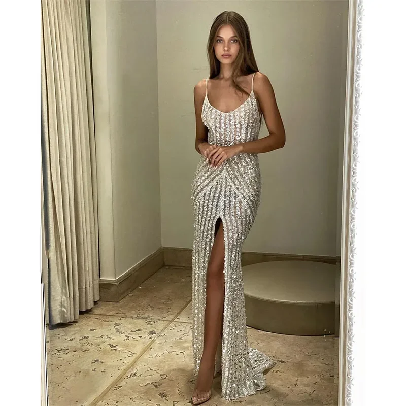 Season Finale Sale A-line dressElegant Prom Dresses Bling Silver Sequins Glitter Evening Dress Front Thigh Split Backless Dresses for Special Occasions