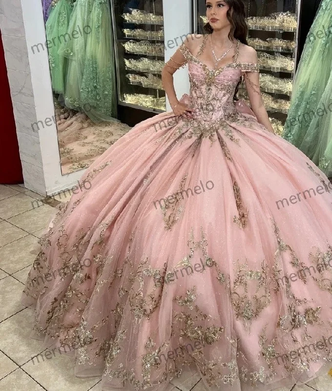 elegant evening dressPink Quinceanera Dress Ball Gown Gold Lace Applique Beading Mexican Corset Sweet 16