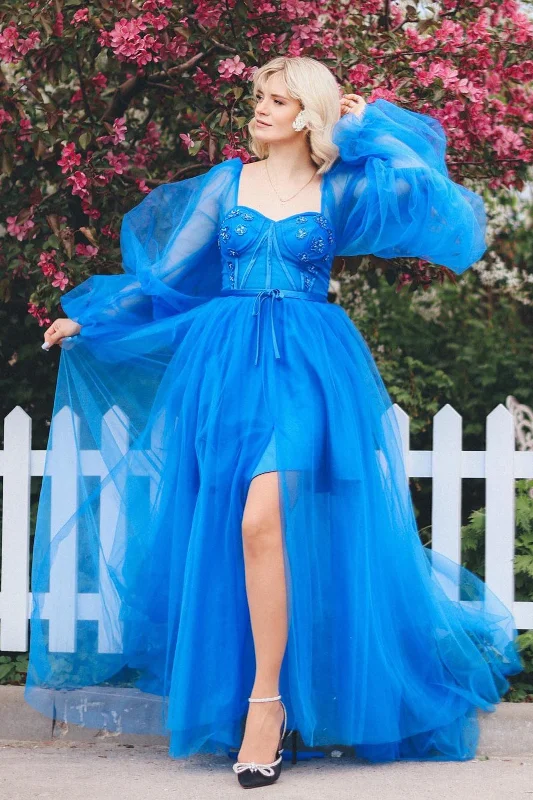 stylish party dressBlue Beaded Illusion Sleeves Tulle Long Prom Dress with Slit