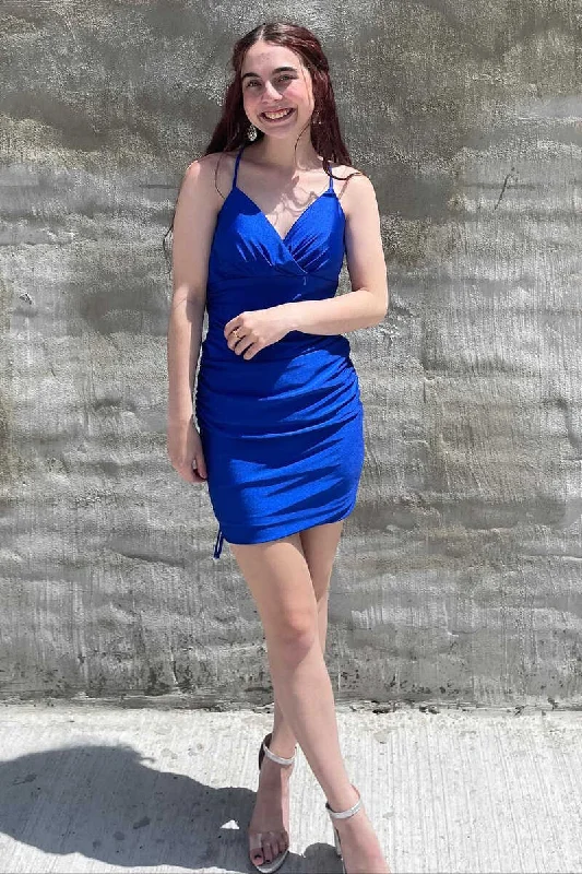 cocktail dressRoyal Blue Surplice Ruched Short Homecoming Dress