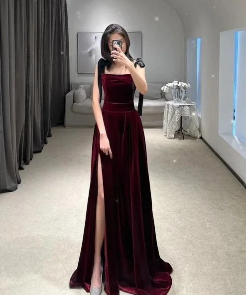 Holiday Sale flowy dressClassy Burgundy Straps Prom Dress With Split Y6740