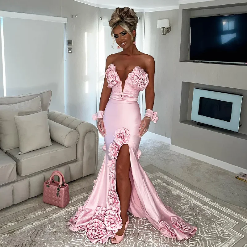 Instant Discount pleated maxi dressSatin Evening Dresses Pink Deep V Neck Side Slit Mermaid Sexy Evening Gowns for Women 3D Flowers Backless Lace Up Prom Dress