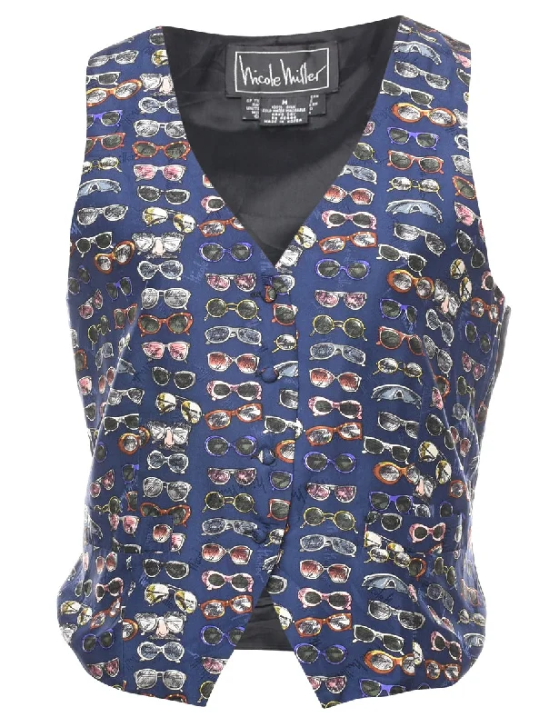 Special Discount padded coatBlue & Black Silk Sunglasses Design Waistcoat  - M