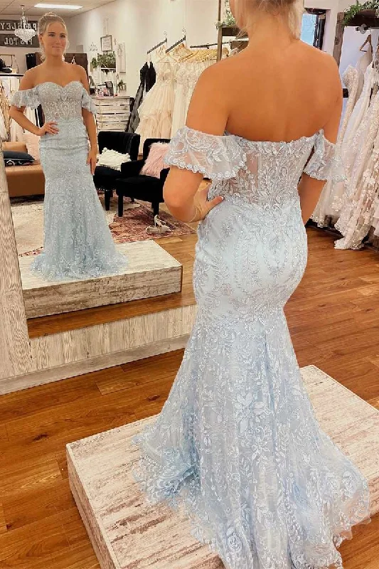 flowy maxi dressLight Blue Lace Sweetheart Off-the-Shoulder Mermaid Long Formal Dress