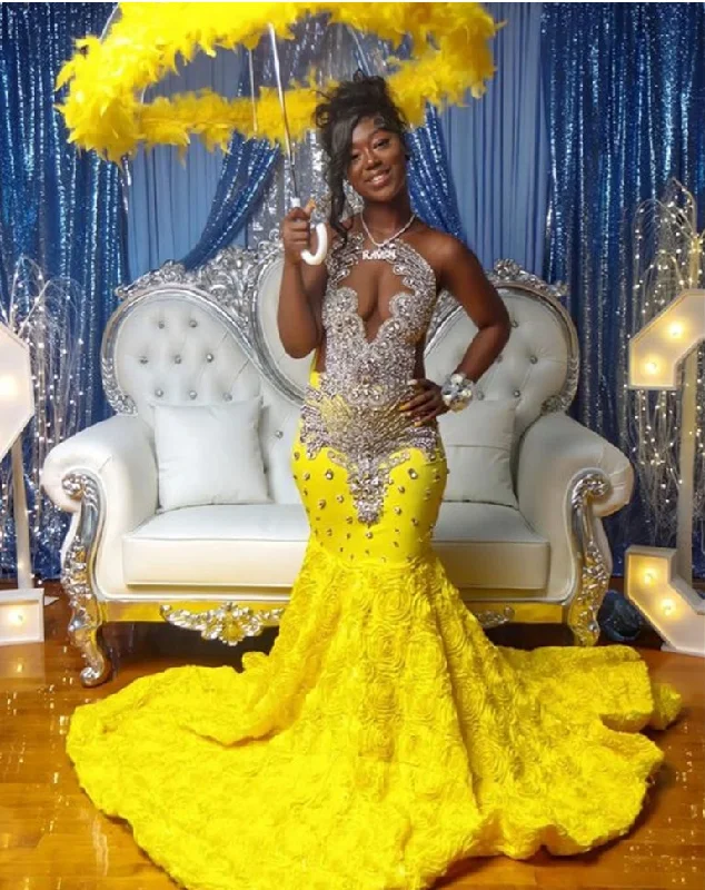 elegant shift dressBright Yellow Flower Ruched Train Mermaid Rhinestone Prom Dresses For Blackgirls Birthday Dress Luxury Beaded Evening Gowns