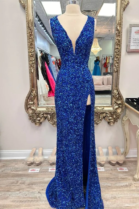 chic shift dressRoyal Blue Deep V Neck Sequins Lace-Up Long Prom Dress with Slit