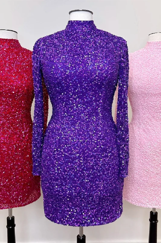 oversized dressRegency High Neck Long Sleeves Sequins Keyhole Homecoming Dress