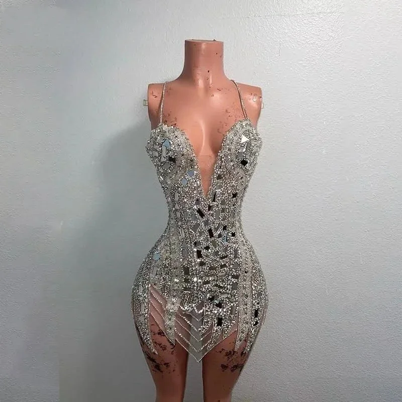 Price Blitz high-waisted dressSilver African American Prom Dresses Sheath Spaghetti Straps Crystals Black Girls Birthday Party Women Cocktail Dresses Nigeria