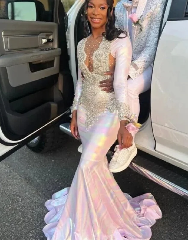 Price Drop wrap-around dressColorful Mermaid Sliver Crystal Beading Prom Dresses 2024 Long Sleeve Luxury Designer Party Black Girls African Bespoke Gown