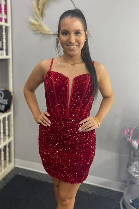 casual dressRed Sheath Sequins Straps Deep V Neck Homecoming Dress