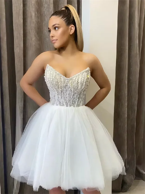 chic wrap dressWhite Ball Gown Prom Dress Sexy Mini/short Sweetheart Pearls Tulle Slim Elegant Women's Cocktail Homecoming Dress