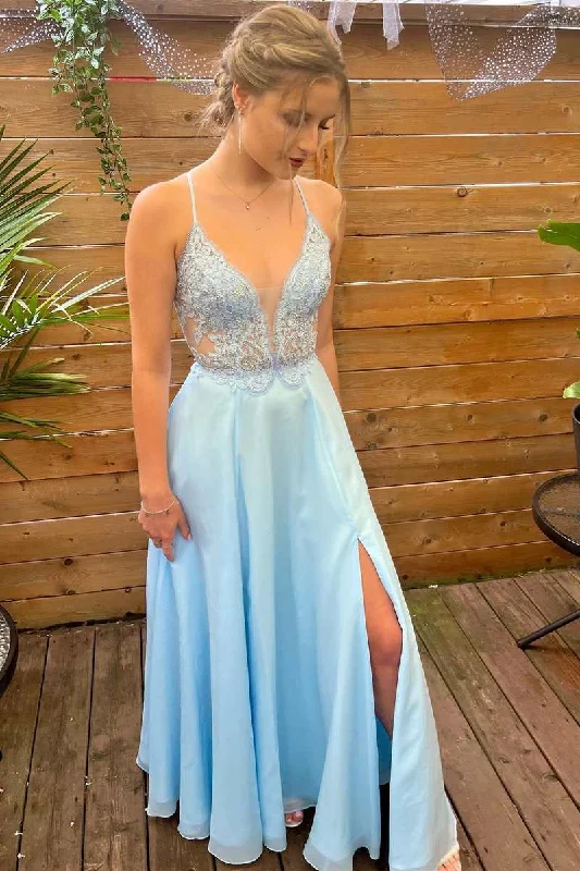 classic fit-and-flare dressLight Blue Lace Plunge Neck A-Line Prom Dress with Slit