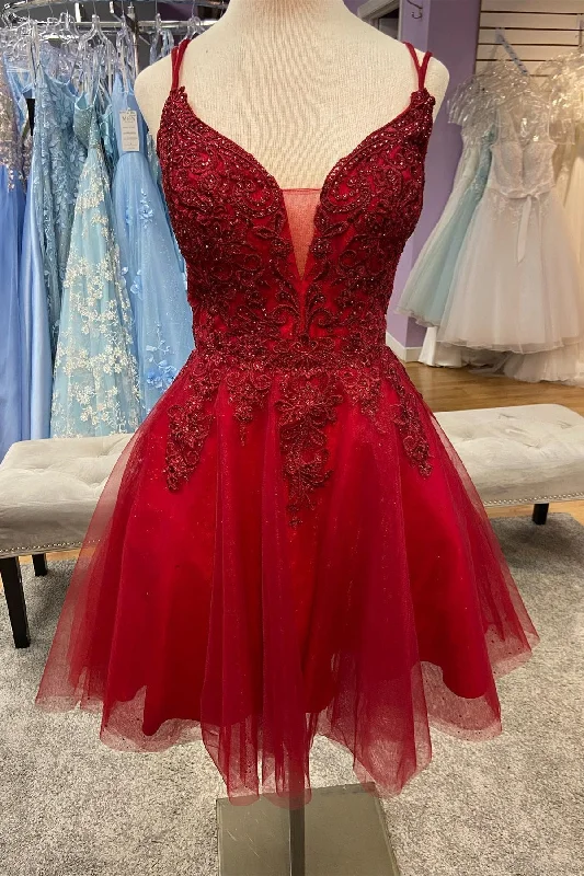 printed dressRed Plunging V Neck Lace-Up Appliques Tulle Homecoming Dress