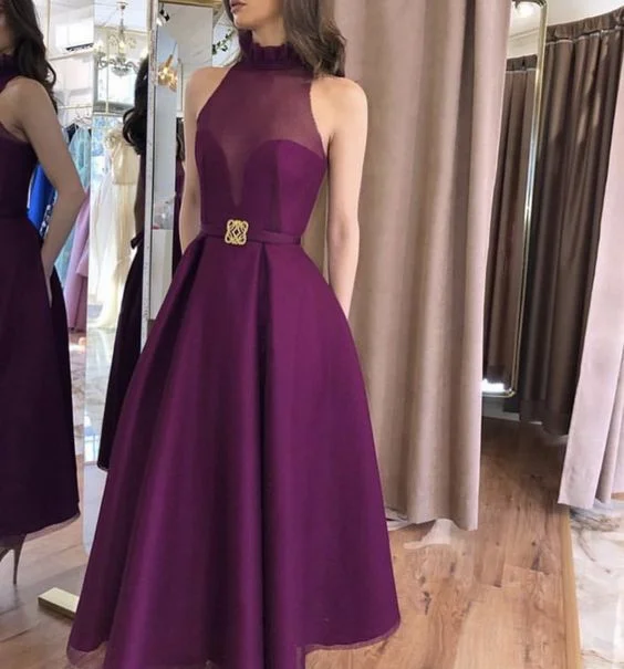 Online Only draped dressPurple A-line Sleeveless Prom Dress,Purple High Neck Evening Dress Y5859