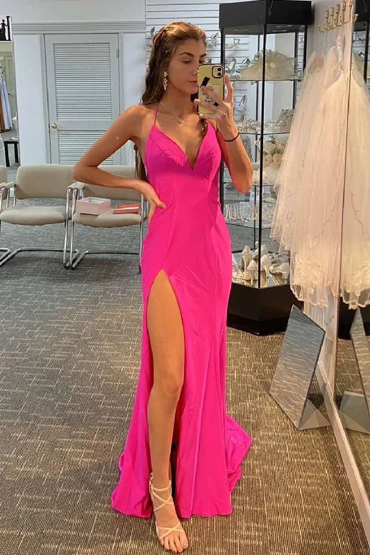 casual dressHot Pink Mermaid Halter Long Formal Dress