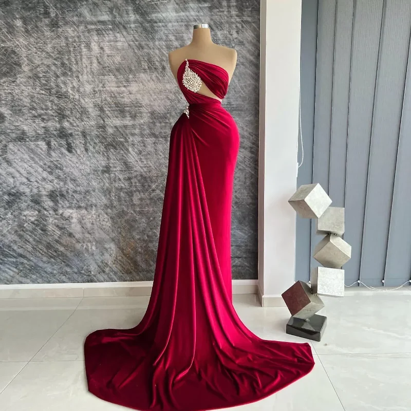 YEAR-End Clearance textured dressFormal Dark Red Mermaid Prom Dresses For Women Satin Crystal Strapless Sleevelss Pleat Sexy Evening Party Gowns Robe De Mariage YEAR-End Clearance textured dressFormal Dark Red Mermaid Prom Dresses For Women Satin Crystal Strapless Sleevelss Pleat Sexy Evening Party Gowns Robe De Mariage