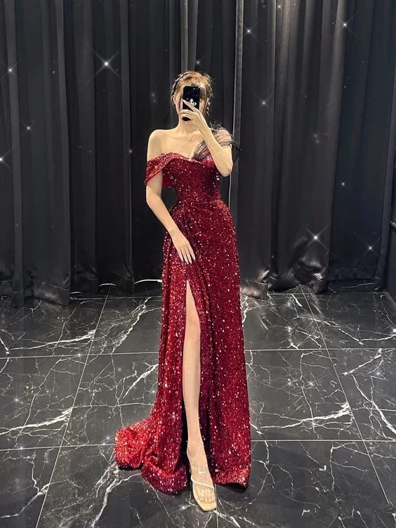 Get It Before It’s Gone chic wrap dressSheath/Column Off-the-Shoulder Court Train Sequins Prom Dresses With Leg Slit Y6684