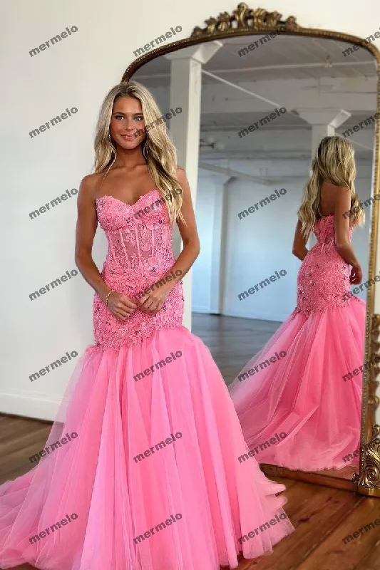 flowy dressMermaid Prom Dresses Lace Applique Tulle Sweetheart Long Sweep Train Formal Party Evening Gowns