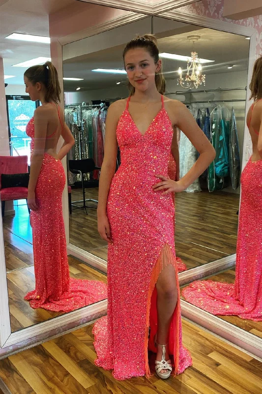 floral midi dressHot Pink Mermaid V Neck Sequins Crossed Back Long Prom Dress with Slit