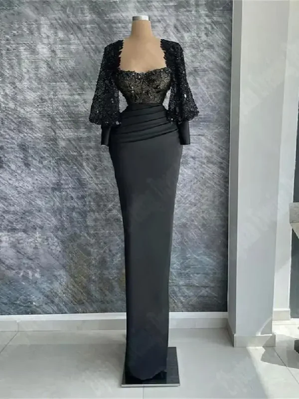 sophisticated dressBlack Lace Long Sleeve Women Evening Dresses Sexy Soft Satin Formal Party Prom Gowns Newest Celebrity Ball Vestido De Noche