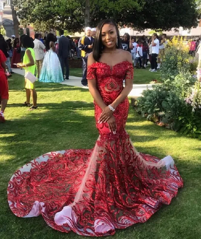 Savings Alert elegant maxi dressElegant Red Sequin Prom Dresses Black Girls Off The Shoulder African Mermaid Party Gowns Short Sleeves robe de soirée femme